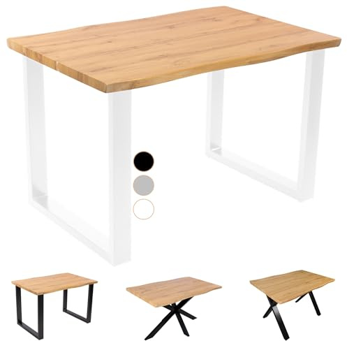 SAM Esstisch Dua | 160 x 85 cm | Holz-Optik mit Baumkante in Wildeiche | U-Gestell Metall Weiß | 40 mm Tischplatte geteilt | Tisch für Esszimmer & Küche