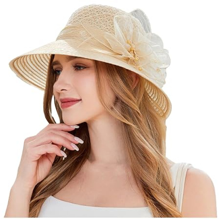 Générique Chapeau Mariage Femme Chic à Large Bord en Dentelle Chapeau de Soleil Chapeaux Cérémonie Chapeau Anti UV Femme Casquettes Visières Casquettes Bonnets et Chapeaux Fedora pour Plage