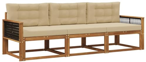 vidaXL Outdoor-Sofagarnitur mit Kissen 3 pcs Natur und Beige, Akazienholz Sofa Set für draußen, modernes Loungemöbel, Flexibler Gartenplatz, wetterfeste Einrichtung