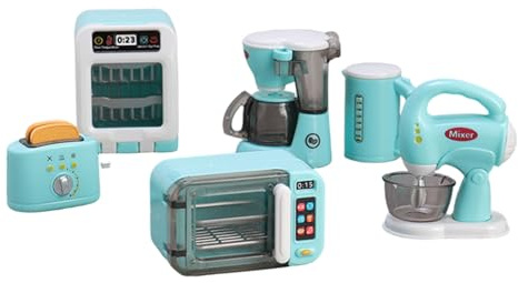 Qoidrfofse 17Pcs Kids Play Kitchen Set, Toy Coffee Machine, Toaster, Mixer & Kettle with Mini Utensils for DIY, Pretend Play Accessories for Girls & Boys Ages 6+, Blue