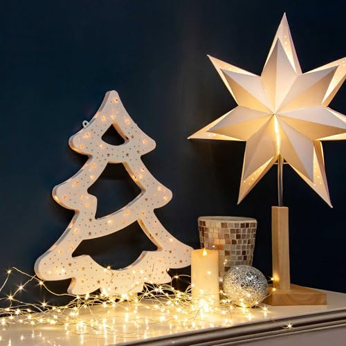 hellum Weihnachtsdeko Fenster Tannenbaum innen warmweiß mit Stecker | Fensterbild Weihnachtsbaum warmweiß 35 Lichter, Weihnachtsbeleuchtung Fenster zum Aufhängen, Kabel weiß 42x38,5cm<59lm 877106