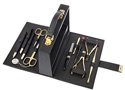 Nippes Solingen, Maniküre Set 11teilig LederKoffer mit Steckverschluss Blau Rindsleder Tasche zur Aufbewahrung Komplettes Nagelpflege Set Maniküre Pediküre Set Made in Germany, Schwarz
