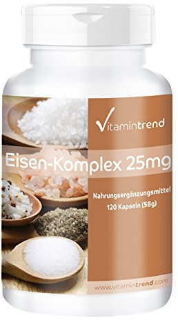 Vitamintrend Eisen-Komplex 25 mg Tagesbedarf, 120 Kapseln, schluckfreundlich, hochdosiert, Nahrungsergänzungsmittel vegan ohne Magnesiumstearat, in Deutschland hergestellt
