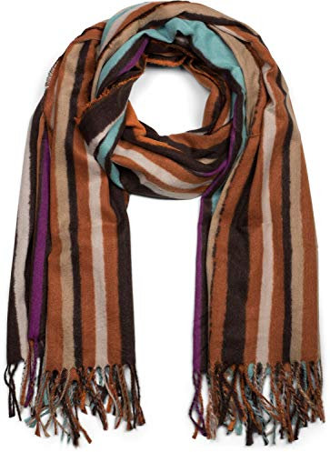 styleBREAKER Unisex Schal mit buntem Streifen Muster und langen Fransen, Colour Blocking, Winter, Stola 01017113, Farbe:Orange-Türkis-Braun
