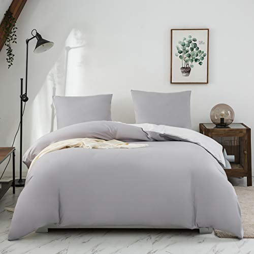 MOHAP Housse de Couette Réversible 220x240 / 65x65x2 cm Coton lavé Gris Claire Parure de Lit Aspect Ridée Naturel Bicolore pour 2 Personnes Fermeture Éclair Sets de Housse Couette
