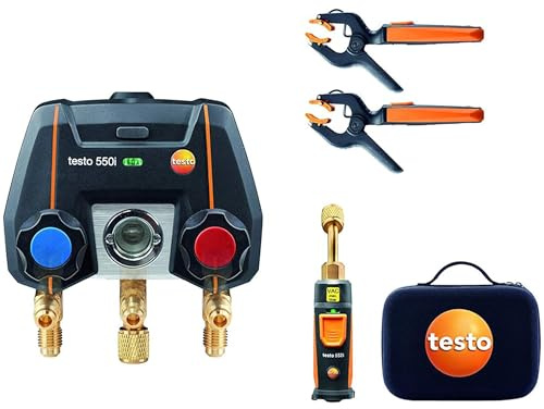 Testo 550i Kit I App Operated Digital Manifold, 1 x 552i Micron Gauge and 2 x 115i Pipe Clamp Thermometer for air Conditioning, Refrigeration Systems and Heat Pumps – with Bluetooth