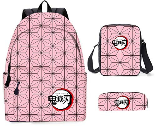 Yumenam Unisex Rucksack + Schultertaschen + Federmäppchen 3pcs Set Tanjirou Nezuko 3D Anime Druck Casual Daypack Laptop Rucksack Schoolbag Multifunktions-Rucksack für Demon Slayer Anime Fans