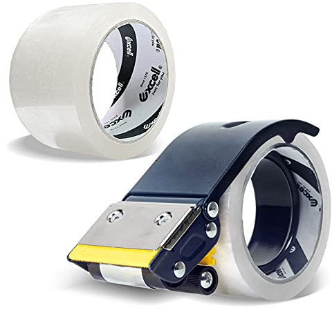 Excell Dévidoir de ruban d'emballage en métal anti-reflux (5,1 cm de large) pour l'emballage, le transport, le déménagement et le scellage de cartons (pistolet à ruban + 2 rubans adhésifs)