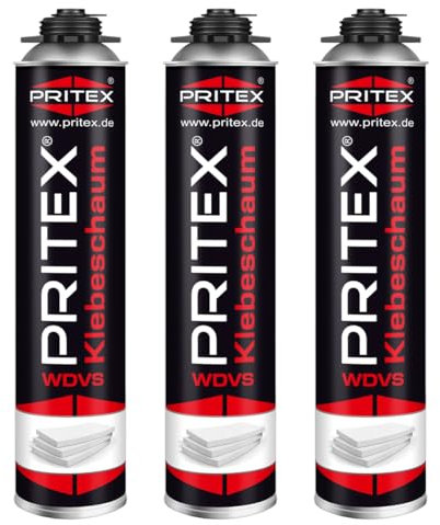 PRITEX – WDVS Klebeschaum 3 x 750 ml zum Isolieren, Fixieren & Befestigen – Dämmstoffkleber mit sehr guter Haftung, niedrigem Aushärtedruck & geringer Nachdehnung – Bauschaum für Montagepistole