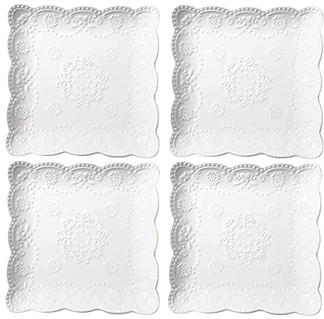 Eplze YBK Tech - Lot de 4 assiettes carrées élégantes en dentelle gaufrée - Assiettes à dessert en porcelaine pour petit déjeuner et thé de l'après-midi - 20,3 cm