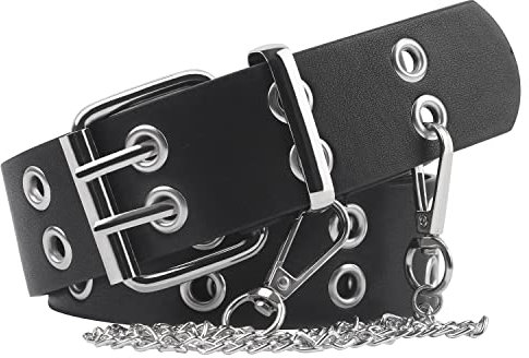 Thboxes Double Grommet PU Leather Eyelet Belt Black Goth Waist Belt with Chain and 2 Holes for Women and Men Jeans, Skirts or Dresses