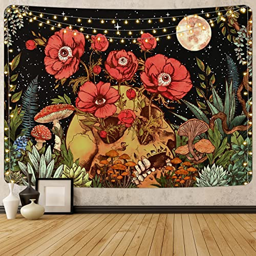 Uspring Totenkopf Blumen Tapisserie Blumen Skelett Tapisserie Mond Garten Tapisserie Pilz Pflanzen Tapisserie Vintage Tapisserie Wandbehang für Zimmer (51,2 x 150,1 cm)