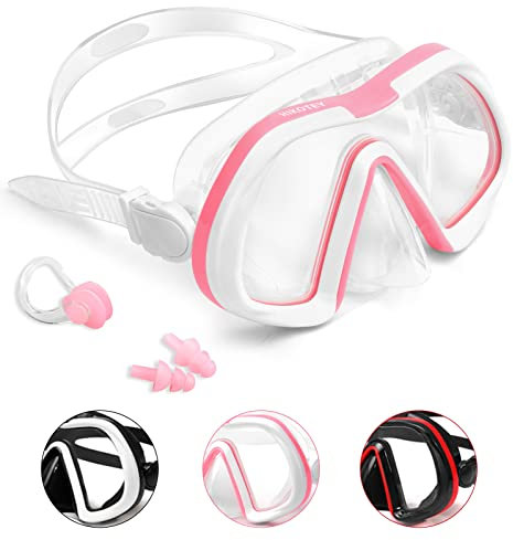 HIKOTEY Masque de plongée pour adulte, unisexe, avec anti-buée, anti-fuite et protection UV, lunettes de plongée avec bouchons d'oreille et pince-nez, lunettes de natation pour hommes, femmes, jeunes