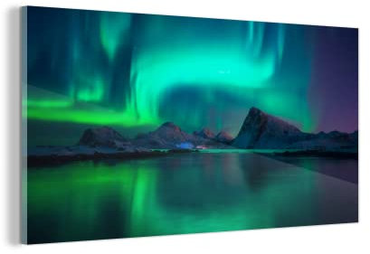 MuchoWow Glasbild Glasfoto Wandbild Bilder Deko 160x80 cm Nordlichter - Berge - Norwegen