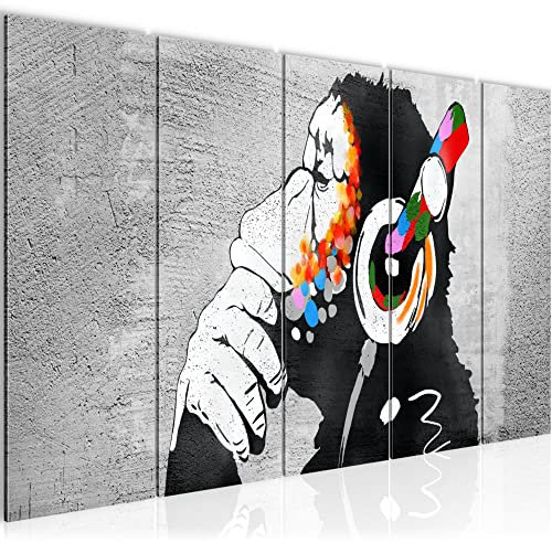 Runa Art Wandbild XXL Affe mit Kopfhörer Loft Wohnzimmer 200 x 80 cm Bunt 5 Teilig - Made in Germany - 042555a