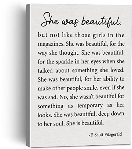 She Was Beautiful Leinwandbild Gerahmte Wandkunst Dekor für Wohnzimmer Schlafzimmer, F. Scott Fitzgerald Zitat Leinwand Poster Druck Geschenke für Frau Mädchen Frauen Geburtstag Weihnachten