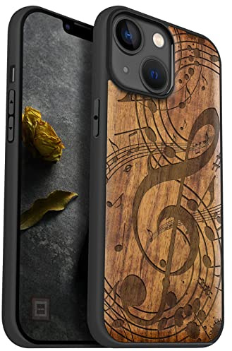 Carveit Holz Cover für iPhone 14, Nussbaum-Musik Note | Handyhulle kompatibel MagSafe Massivholz für iPhone 14 Handyhülle Stoßstange Weich TPU Case