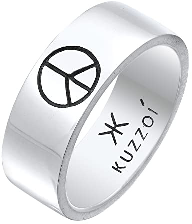 Kuzzoi Herrenring 8 mm Bandring Männer mit Peace Zeichen 925 Silber | Breiter Silberring im kantigen Design Ring für Herren Ringgröße 60 - 66