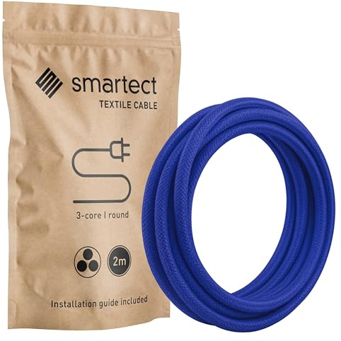 smartect Cable Textil 3 Hilos (3 x 0.75 mm²) en Azul Oscuro, 2 Metros | Vintage Cable Eléctrico, Cuerda para Lámpara con Revestimiento Textil para tu Proyecto DIY