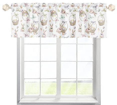 One Lover Ostern Kaninchen Ei Scheibengardinen Bistrogardine mit Stangendurchzug Kurzstores Gardinen Landhausstil Küchegardine für kleine Fenster Küche Wohnzimmer Landhaus Multicolor 137x45cm,2 Stück