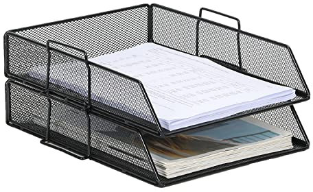 EasyPAG 2 Tier A4 Mesh in Trays Stackable Office Desk Tidy File Holder Magazine Storage Paper Document Letter Organiser,Black