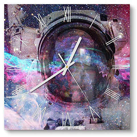 DEQORI Glasuhr | 30x30 cm | Motiv NASA Astronaut in Nebula | ausgefallene leise Design Uhr aus Glas | Wanduhr für Wohnzimmer & Küche | moderne Hingucker Uhr für die Wand