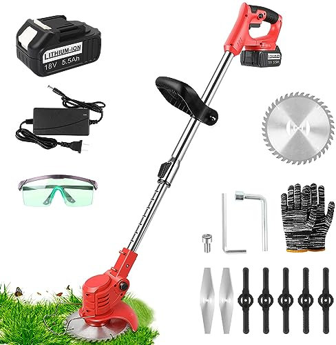 ASUNCELL Cortador de Borde inalámbrico con 1X batería 5,5Ah, Cortacéspedes Desbrozadora Eléctrico, Cortabordes Bateria Brushless, Mango Ajustable, Tubo Telescópico para Césped Jardín Poda