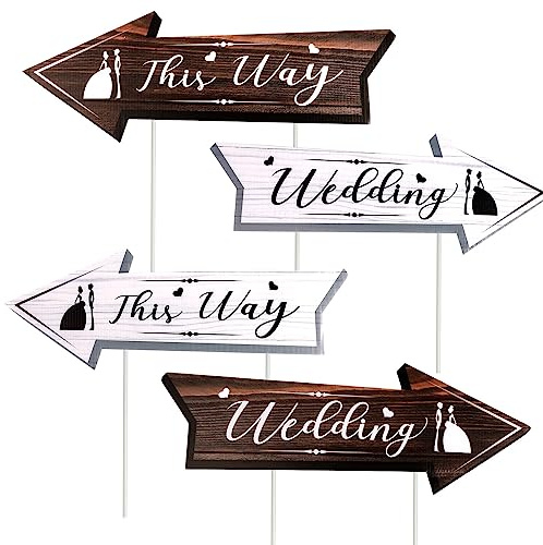 Lot de 4 panneaux de signalisation de mariage, 43,2 x 15,2 cm, panneaux de cour de mariage avec piquets imprimés double face, flèche, panneaux de mariage imperméables pour cérémonie et réception