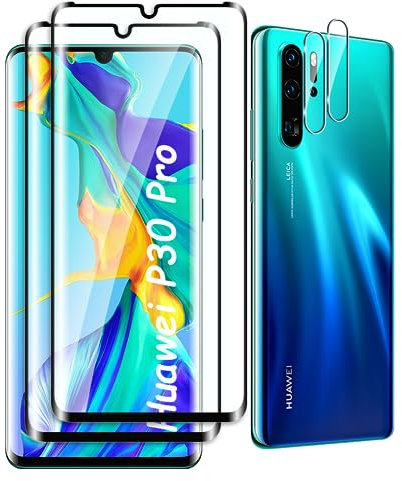 Fyqzio [2+2 Pièces Verre Trempé Pour Huawei P30 Pro et Caméra Arrière Protecteur,Sans Bulles,9H Dureté,Anti-Rayures,3D Couverture Complète,HD Film Protection Ecran pour Huawei P30 Pro