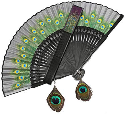 Ventiladores plegables de mano Ventilador de pavo real Viento antiguo Ventilador femenino Señoras Ventilador plegable Viento étnico Ventilador pequeño Ventilador de mano Decoración de pared