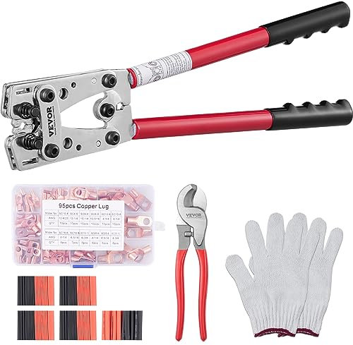 VEVOR Pinze Crimpatrice 6/10/16/25/35/50 mm² Pinza Capicorda per Terminali Batteria in Alluminio Rame AWG10-1/0, Pinza con Tagliacavo 6 Dimensioni Crimpatura 95 Connettori Anello Rame per Elettricista