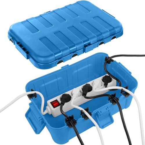 RESTMO Extra große wasserdichte Kabelbox, IP54 wasserdicht, Outdoor-Kabelsicherheitsbox, wetterfester Elektrokasten zum Schutz von Steckdosenleisten, Außensteckern (32 x 22 x 13 cm) - Blau