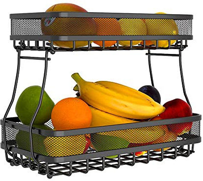2 Tier Fruit Storage Basket Kitchen Counter Organizer with Bold Carbon Steel Wire Mesh Bowl for Bread Vegetable Fruit Basket Detachable Metal Rectangular Wire Basket