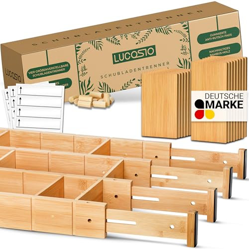 LUCOSIO® Schubladentrenner verstellbar [43-56 cm] - 33-teiliger Schubladen Organizer aus Bambus mit 4 Trennern, 16 Trennstegen & 24 Aufklebern zum Beschriften - Ordnungshelfer für Küche & Co