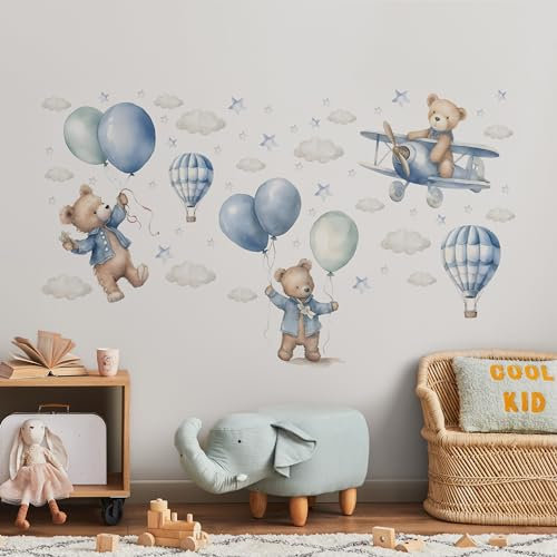 Muralo Sticker Set für Mädchen und Jungen - Aquarell Aufkleber Wandsticker Tattoo für Kinderzimmer - Wandaufkleber Teddybären und Ballons Motiv - Br.120cm x Hö.60cm