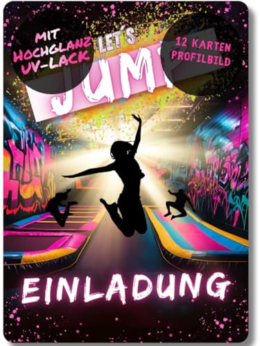 celebr8te 12x Einladungskarten im pinken Jump Trampolin Design - Für den Kindergeburtstag von Mädchen im Jumphouse Trampolinpark inkl. Messenger Bild & Urlaubsgutschein