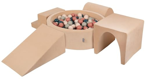 KiddyMoon Spielplatz Velvet Aus Schaumstoff Mit Samt Rund Bällebad (200 Bälle) Ballgruben Für Babys Spielbad Hindernisläufen, Sandbeige:Dunkeltürkis/Pastellbeige/Grüngrau/Lachsfarben