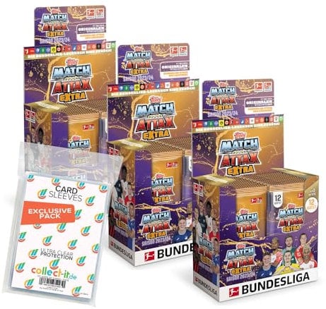 Bundle mit Topps Match Attax EXTRA Bundesliga 2023/24-3 Display (72 Booster) + Exklusive Collect-it Hüllen