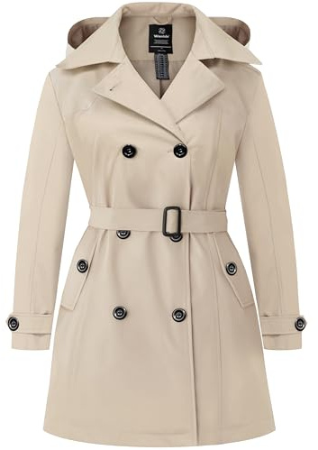 Wantdo Women's Plus Size Double-Breasted Waterproof Trench Coat | Oversized, Overcoat, Windproof, Belted, Classic Lapel, Notched Collar, Outerwear, Zip Pockets, Cuffs, Rain, Casual, Office