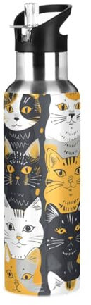 Niigeu Joli Motif De Chat Drôle Bouteille d'eau Isotherme avec Paille en Acier Inoxydable Gourde, Sans BPA Gourdes Eau pour Enfant Sport Randonnée École Bureau (600ml/1L)