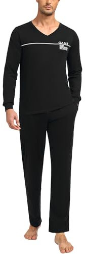 Marvmys Pigiama Uomo Invernale Cotone Due Pezzi Pigiama a Maniche Lunghe con Scollo a V Lunghi Pantaloni con Tasche