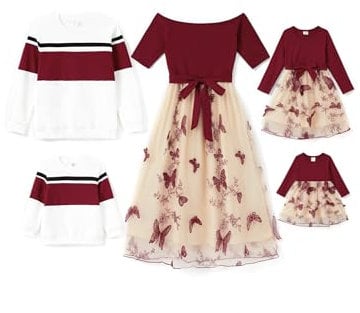 PATPAT Familien Outfit Set Langarm - Partnerlook Mutter Tochter Kleid Langarm T-Shirt & Mutter Kind Kleider Mama Tochter Kleidung für Herbst & Frühling, Rotwein, Baby Mädchen: 12-18 Monate