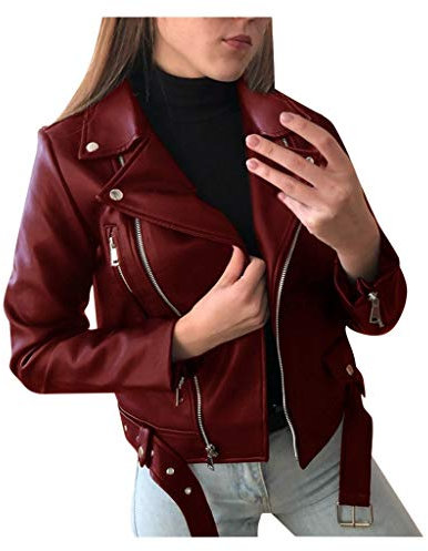 Sunnyuk Giubbotto Moto Donna Chiodo Pelle Eleganti Taglie Forti Giacca Pelle Impermeabile con Zip Giubbotto Moto Corti Leggero Giubbino Curvy Marrone Giacca Moto Oversize Antivento