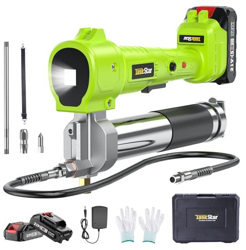 TaskStar Ingrassatore a Batteria, Pistola per Grasso Elettrica Super Efficiente con 2 Batterie e Caricabatterie, Tubo Flessibile da 39,4”, Ingrassatore da 10000 PSI con Luce LED Super Luminosa, Verde