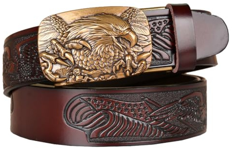 PACDE Cowboy-Herren-Ledergürtel, Adler, geprägter Riemen, Adler, automatische Schnalle, verstellbar, Western-Herrengürtel, Kaffee/goldfarben, for44-45waist size