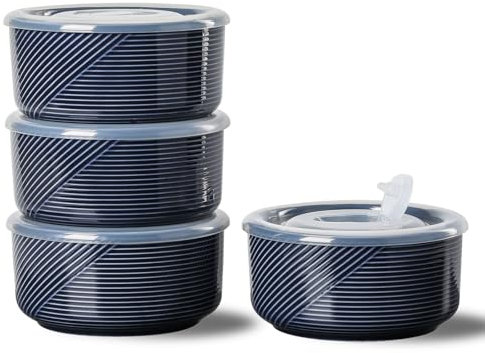 Adewnest Large Ceramic Bowl with Lid: Microwavable Food Storage Containers with Lids - 6 Inch Porcelain Bowls Set for Lunch, Picnic, Camping - Serving Bowls with Lids, 32 oz, Set of 4 (Navy)