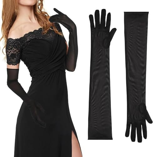 HESUSUSI Tüll Handschuhe Schwarz Lange Hochzeit Braut Damen Oper Lange Opern Party Mesh Schwarz Nylon Handschuhe Lang Abendhandschuhe für Hochzeit Braut Oper Party