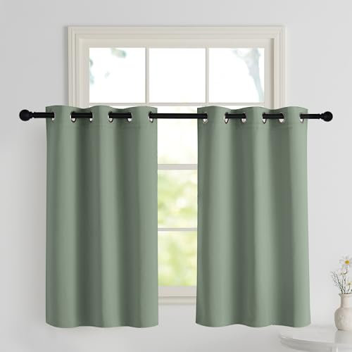 PONY DANCE Scheibengardinen Küche Kurze Vorhänge Salbeigrün Blickdicht Bistrogardine 2er Set H 100 x B 90 cm Verdunklungsvorhänge mit Ösen Gardinen für Kleine Fenster