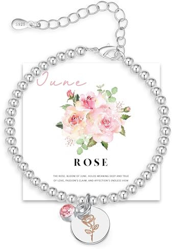 FENNELISA June Rose Birthflower Bracelet Gift,June Birthstone Bracelet for Women Girls with Birthday Card Friendship Gifts for Women Mum Daughter Sister Grandma