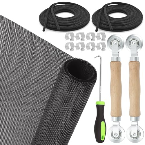 Rustark 14Pcs Black Window Screen Door Repair Replacement Kit Includes 59x106 Fiberglass Window Screen Mesh Spline Bearing Roller Retainer Spline Holder Clip Remover Hook for Windows Screen